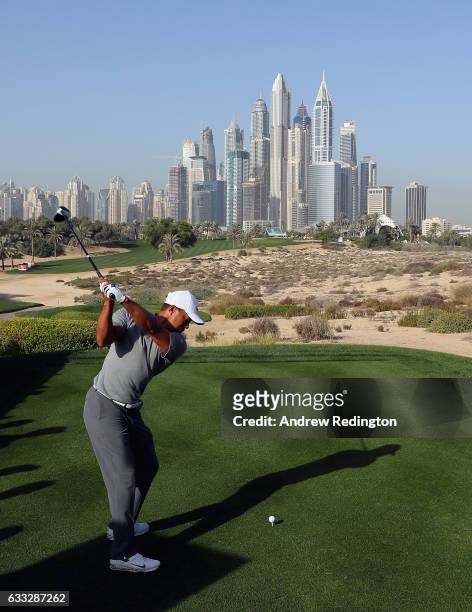Tiger Woods of the USA is pictured on the eighth hole during the Pro Am event prior to the start of the Omega Dubai Desert Classic at Emirates Golf...