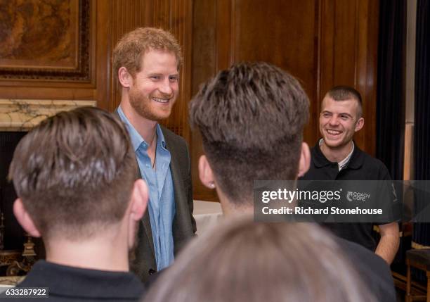 Prince Harry Meets Coach Core Graduates during an official visit to Full Effect & Coach Core on February 1, 2017 in Nottingham, England. Full Effect...