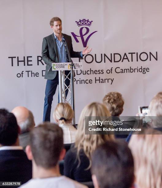 Prince Harry speaking during an official visit to Full Effect & Coach Core on February 1, 2017 in Nottingham, England. Full Effect and Coach Core are...