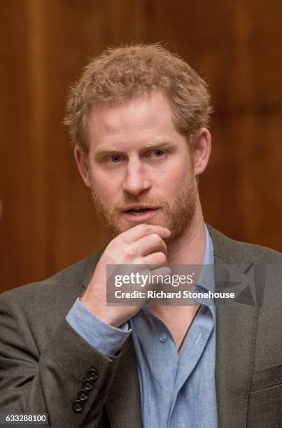 Prince Harry during an official visit to Full Effect & Coach Core on February 1, 2017 in Nottingham, England. Full Effect and Coach Core are projects...