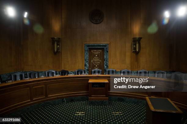 View of the empty hearing room after a meeting of the Senate Finance Committee to vote on the nominations of cabinet nominees Tom Price and Steve...