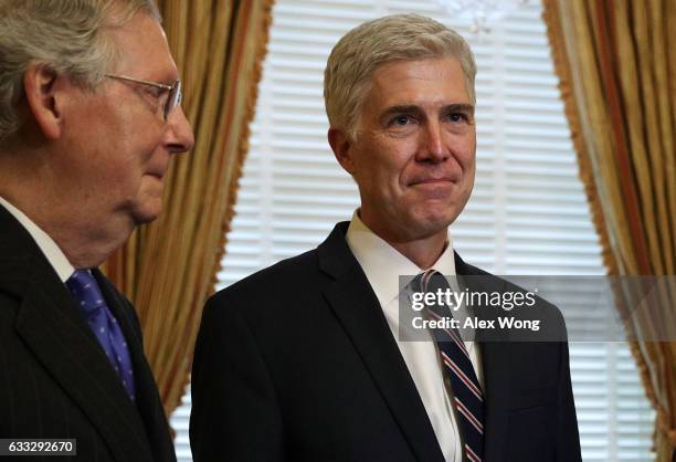 Senate Majority Leader Sen. Mitch McConnell meets with Supreme Court nominee Judge Neil Gorsuch February 1, 2017 at the Capitol in Washington, DC....