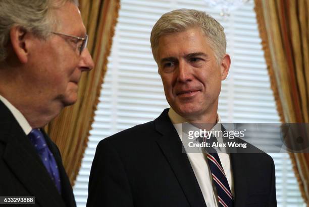 Senate Majority Leader Sen. Mitch McConnell meets with Supreme Court nominee Judge Neil Gorsuch February 1, 2017 at the Capitol in Washington, DC....