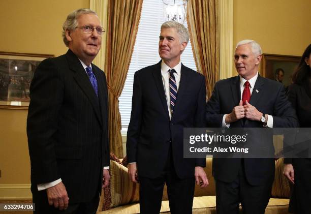 Senate Majority Leader Sen. Mitch McConnell meets with Supreme Court nominee Judge Neil Gorsuch and Vice President Mike Pence February 1, 2017 at the...