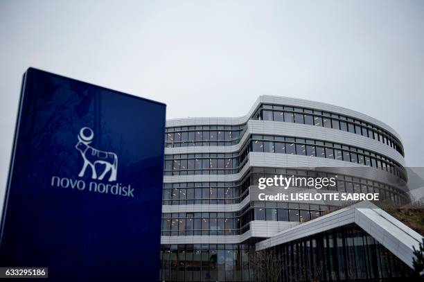 The logo of Danish pharmaceutical company Novo Nordisk is pictured at their headquarters in Bagsvaerd outside of Copenhagen, Denmark on February 1...