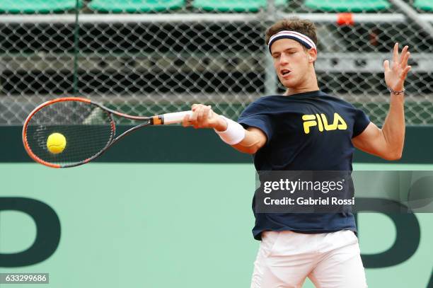Diego Schwartzman of Argentina takes a forehand shot during a training session prior to a match between Argentina and Italy as part of Davis Cup 2017...