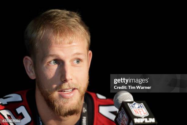 Patrick DiMarco of the Atlanta Falcons addresses the media during the Super Bowl LI press conference on February 1, 2017 in Houston, Texas.