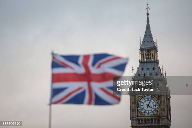Union Jack flag flutters in front of the Elizabeth Tower, commonly known as Big Ben on February 1, 2017 in London, England. The European Union bill...