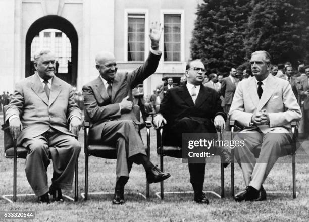 From left, Soviet chairman of the Council of Ministers Nikolai Boulganine, US President Dwight Eisenhower, French President of the Council Ministers...
