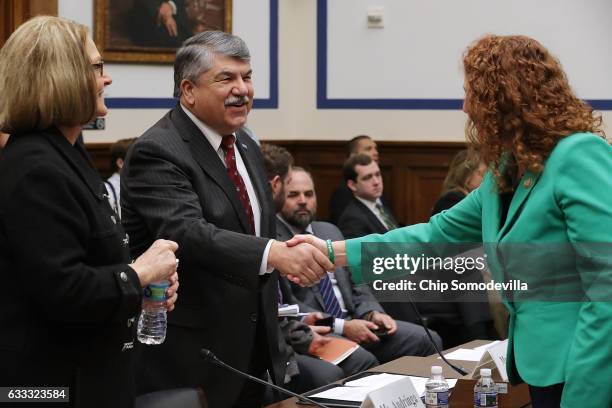 Vermeer Corporation Board Chair Mary Andringa and AFL-CIO President Richard Trumka greet Rep. Elizabeth Esty before testifying to the House...