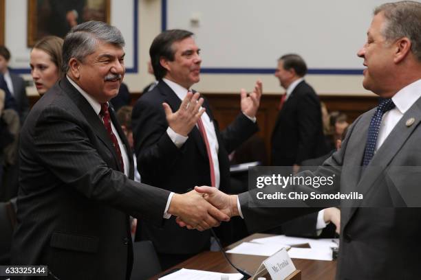 House Transportation and Infrastructure Committee Chairman Bill Shuster greets AFL-CIO President Richard Trumka before a hearing in the Rayburn House...