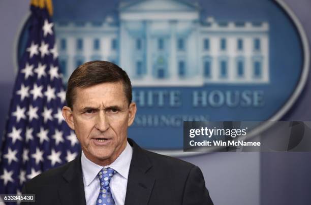 National Security Adviser Michael Flynn answers questions in the briefing room of the White House February 1, 2017 in Washington, DC. Flynn said the...