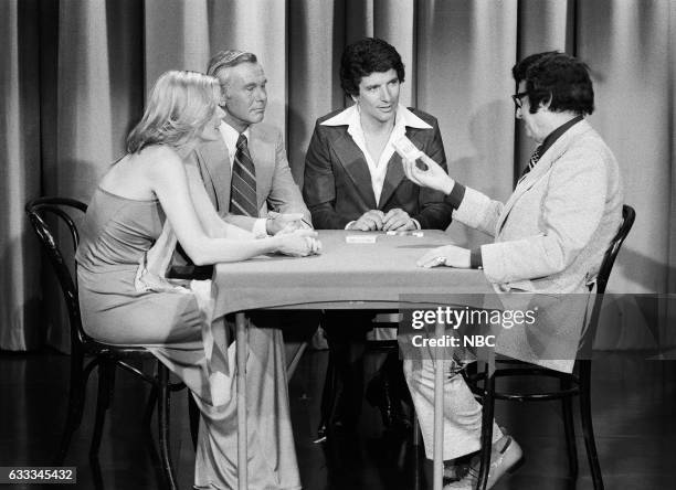 Pictured: Actress Sally Kellerman, Host Johnny Carson, Actor Bert Convy with Magician Jimmy Grippo during a magic trick on July 8th, 1975 --