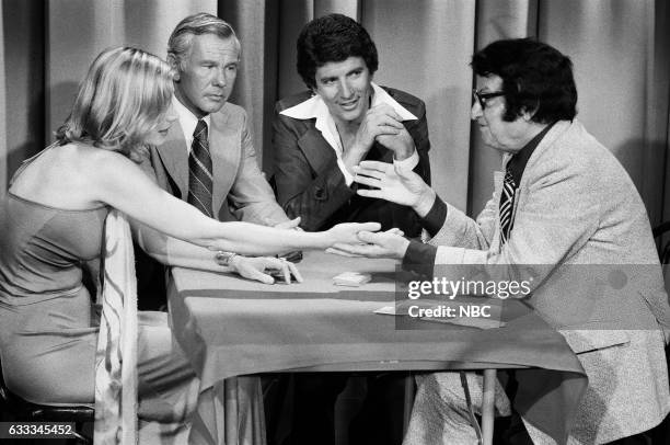 Pictured: Actress Sally Kellerman, Host Johnny Carson, Actor Bert Convy with Magician Jimmy Grippo during a magic trick on July 8th, 1975 --