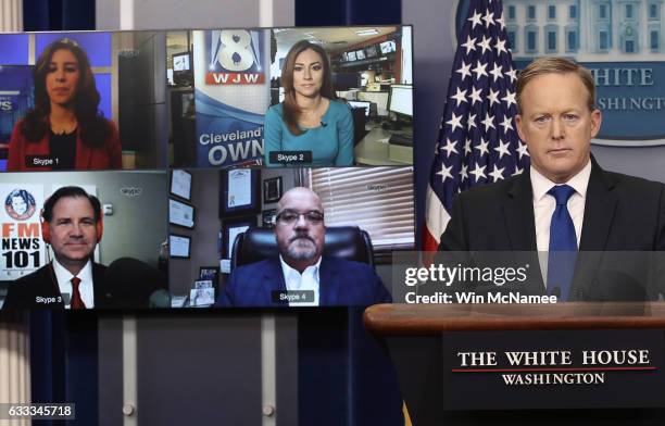 White House Press Secretary Sean Spicer answers questions from reporters via Skype on February 1, 2017 in Washington, DC. The "Skype Seats" in the...