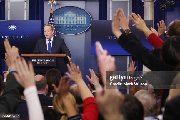 White House Press Secretary Sean Spicer takes questions from reporters in the Brady Press Briefing Room at the White House February 1, 2017 in...