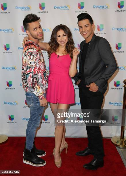 Prince Royce, Bianca Marroquin and Luis Coronel are seen on the set of "Despierta America" to promote the television show "Pequenos Gigantes USA" at...