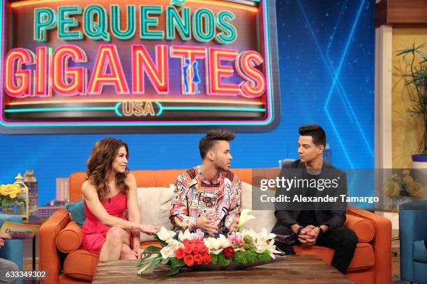 Bianca Marroquin, Prince Royce and Luis Coronel are seen on the set of "Despierta America" to promote the television show "Pequenos Gigantes USA" at...