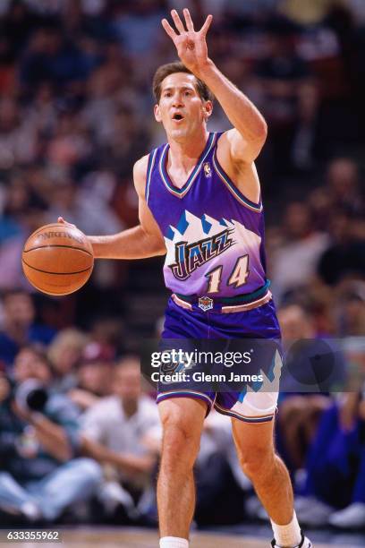 Jeff Hornacek of the Utah Jazz dribbles against the Houston Rockets during Game Three of the Western Conference Finals on May 23, 1997 at the Summit...