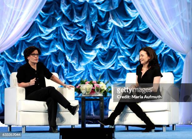Journalist Kara Swisher and COO of Facebook Sheryl Sandberg speak at the Watermark Conference for Women at San Jose Convention Center on February 1,...