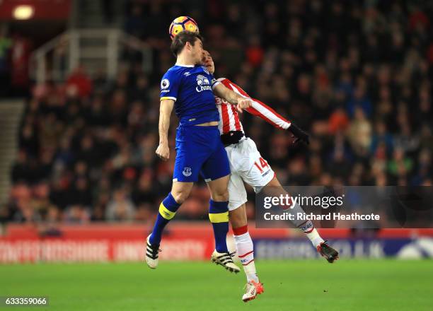 Leighton Baines of Everton and Ibrahim Afellay of Stoke City in action during the Premier League match between Stoke City and Everton at Bet365...