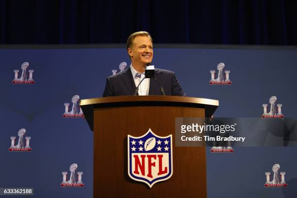 Commissioner Roger Goodell speaks with the media during a press conference for Super Bowl 51 at the George R. Brown Convention Center on February 1,...
