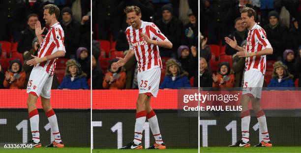 Combination photo shows Stoke City's English striker Peter Crouch do his "robot" celebration as he celebrates scoring his team's first goal, and his...
