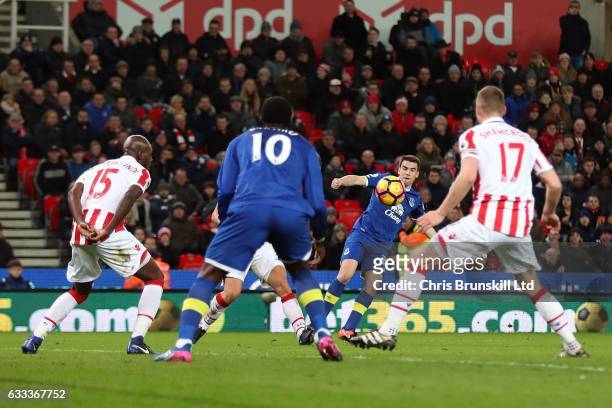 Seamus Coleman of Everton shoots at goal in the build up to an own goal by Ryan Shawcross of Stoke City during the Premier League match between Stoke...