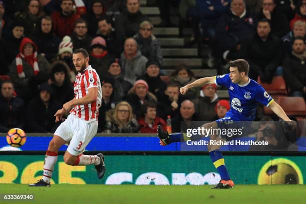 Seamus Coleman of Everton scores his team's opening goal during the Premier League match between Stoke City and Everton at Bet365 Stadium on February...