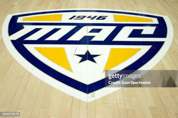 The Mid-American Conference logo in the floor prior to the men's college basketball game between the Central Michigan Chippewas and Kent State Golden...