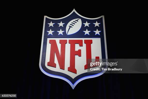The NFL shield logo is seen following a press conference held by NFL Commissioner Roger Goodell at the George R. Brown Convention Center on February...