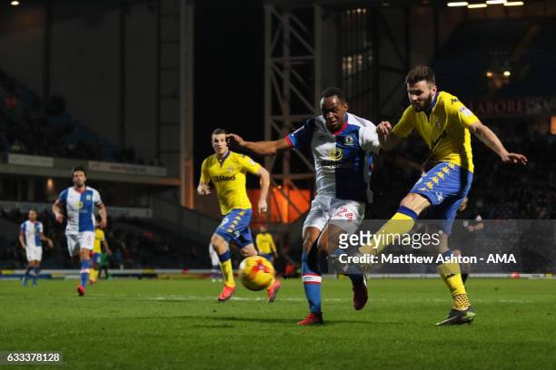 Stuart Dallas of Leeds United scores a goal to make it 0-1 during the Sky Bet Championship match between Blackburn Rovers and Leeds United at Ewood...
