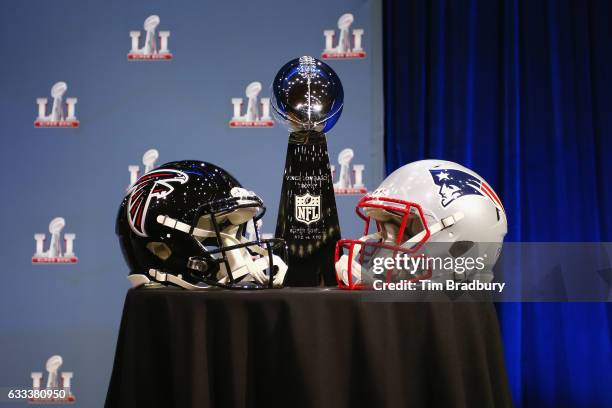The Vince Lombardi Trophy is seen prior to a press conference held by NFL Commissioner Roger Goodell at the George R. Brown Convention Center on...