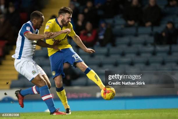 Stuart Dallas of Leeds United scores the opening goal during the Sky Bet Championship match between Blackburn Rovers and Leeds United at Ewood Park...