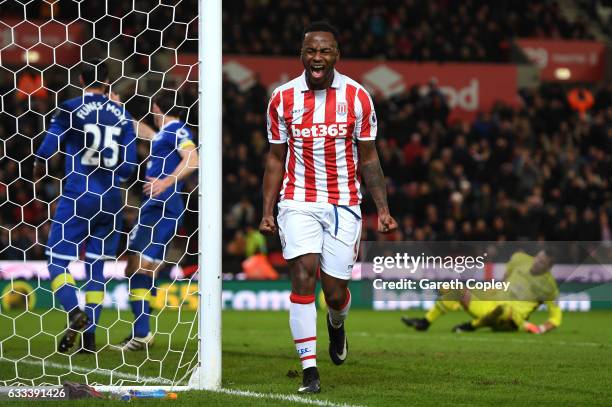 Saido Berahino of Stoke City reacts after missing a chance during the Premier League match between Stoke City and Everton at Bet365 Stadium on...