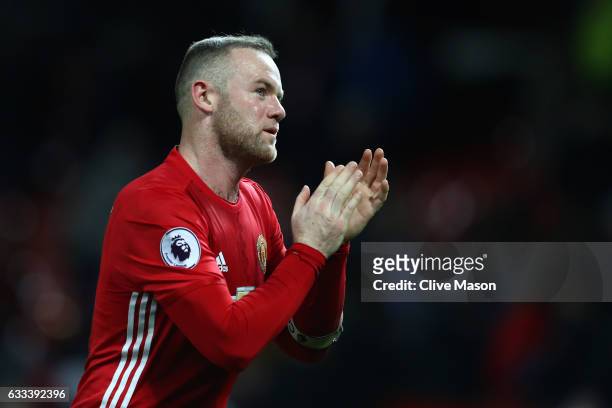 Wayne Rooney of Manchester United applauds supporters during the Premier League match between Manchester United and Hull City at Old Trafford on...