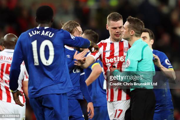 Ryan Shawcross of Stoke City appeals to referee Craig Pawson following the award of a goal during the Premier League match between Stoke City and...