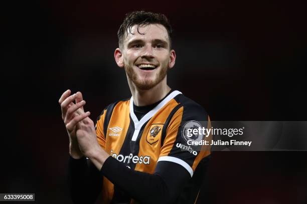 Andrew Robertson of Hull City smiles after the Premier League match between Manchester United and Hull City at Old Trafford on February 1, 2017 in...