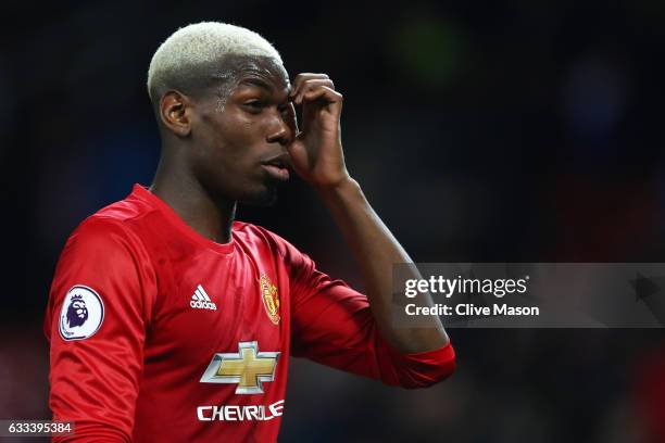 Paul Pogba of Manchester United reacts after the Premier League match between Manchester United and Hull City at Old Trafford on February 1, 2017 in...