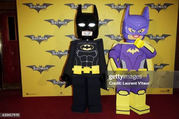 Lego Batman and Lego Batgirl attend "Lego Batman" Paris Premiere at Le Grand Rex on February 1, 2017 in Paris, France.