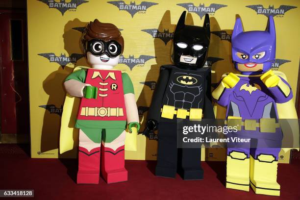 Lego Robin, Lego Batman and Lego Batgirl attend "Lego Batman" Paris Premiere at Le Grand Rex on February 1, 2017 in Paris, France.