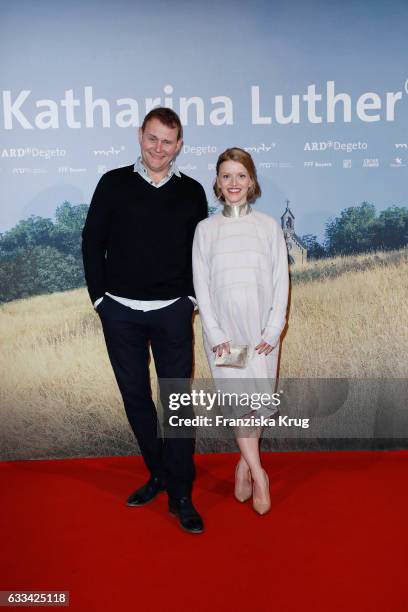 Devid Striesow and Karoline Karoline Schuch attend the 'Katharina Luther' Premiere at Franzoesische Friedrichstadtkirche in Berlin on February 1,...