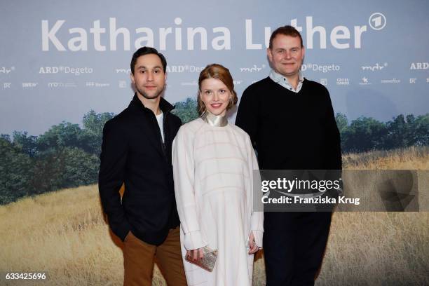 Ludwig Trepte, Karoline Schuch and Devid Striesow attend the 'Katharina Luther' Premiere at Franzoesische Friedrichstadtkirche in Berlin on February...