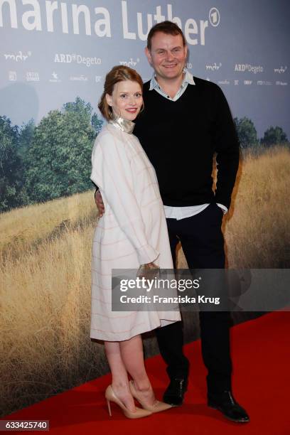 Devid Striesow and Karoline Karoline Schuch attend the 'Katharina Luther' Premiere at Franzoesische Friedrichstadtkirche in Berlin on February 1,...