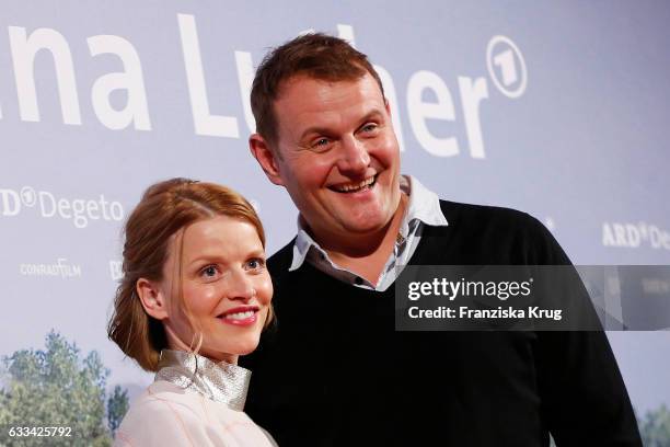 Devid Striesow and Karoline Schuch attend the 'Katharina Luther' Premiere at Franzoesische Friedrichstadtkirche in Berlin on February 1, 2017 in...