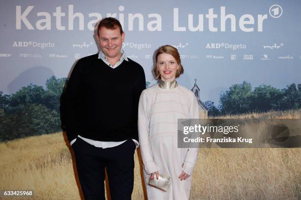 Devid Striesow and Karoline Karoline Schuch attend the 'Katharina Luther' Premiere at Franzoesische Friedrichstadtkirche in Berlin on February 1,...