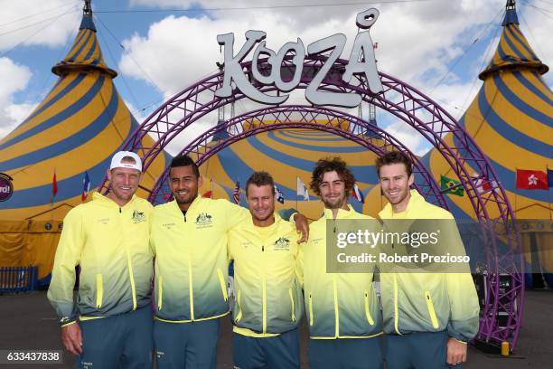 Sam Groth, Nick Kyrgios, captain Lleyton Hewitt, Jordan Thompson and John Peers of Australia pose for photos during the official draw ahead of the...