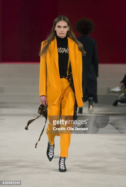 February 01: A model walks the runway wearing design by Lala Berlin during the Copenhagen Fashion Week Autumn/Winter17 on February 01, 2017 in...