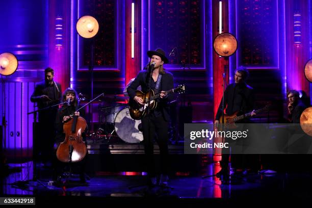 Episode 0615 -- Pictured: Musical guests Neyla Pekarek, Wesley Schultz, Jeremiah Fraites of The Lumineers perform on February 1, 2017 --