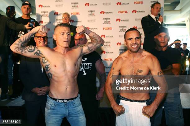 Australian boxers Danny Green and Anthony Mundine face off during the official weigh in ahead of their Friday night bout at Adelaide Oval on February...